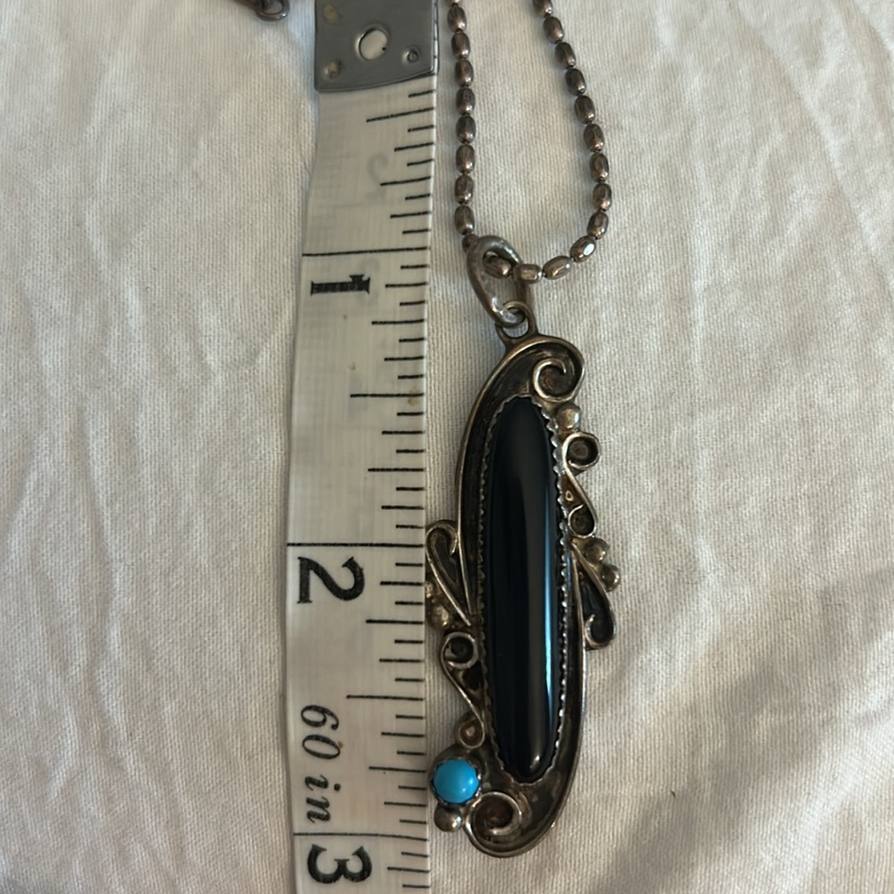 Vintage Signed Stamped Sterling Silver Onyx Turquoise Pendant Necklace - Picture 9 of 15